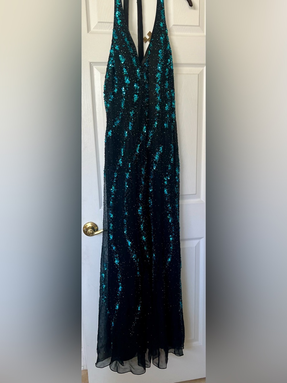 Tiffany Designs Halter Top Sheer Evening Dress 100% Silk Fully Sequined Sz 14